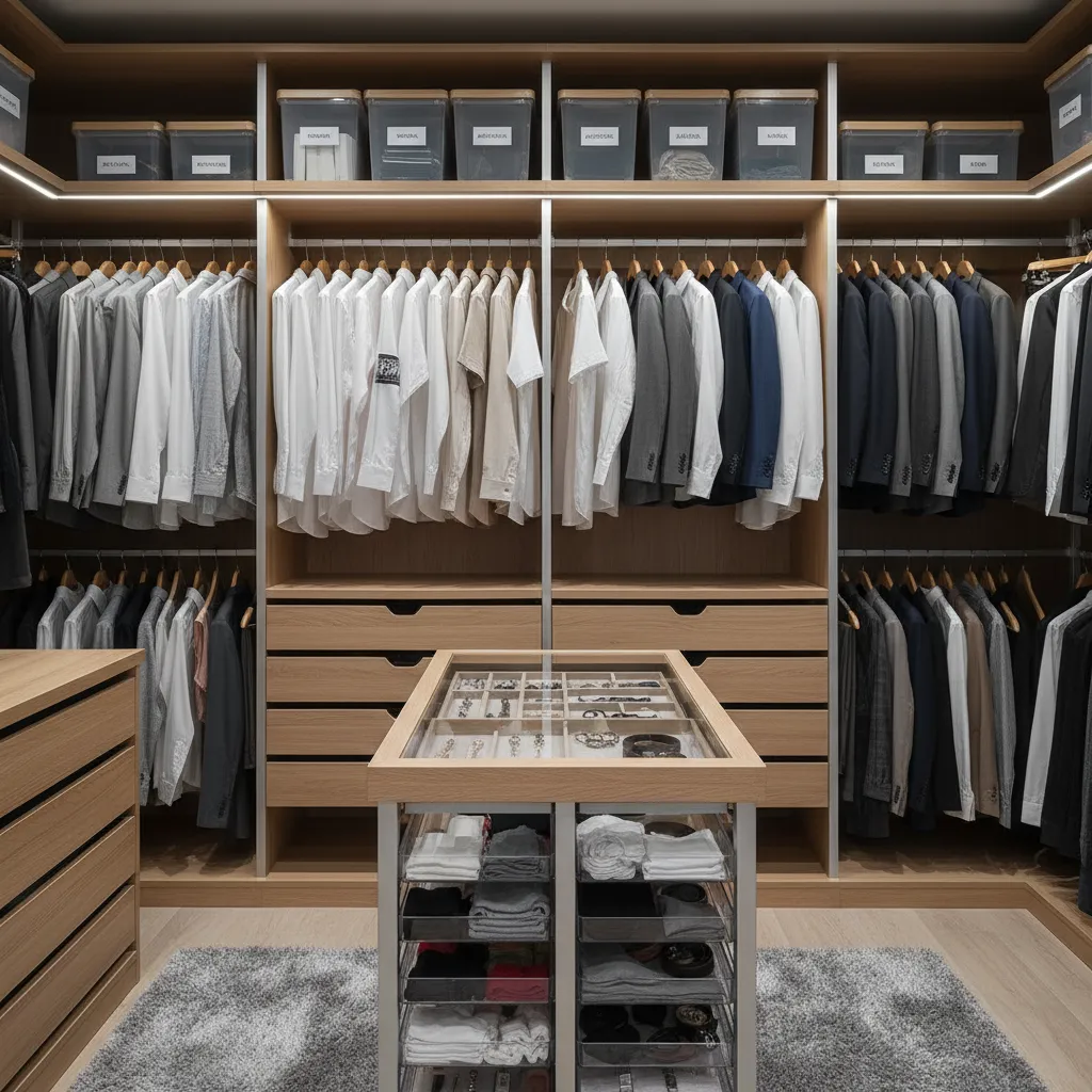 Interior de armario con cajas organizadoras y perchas uniformes