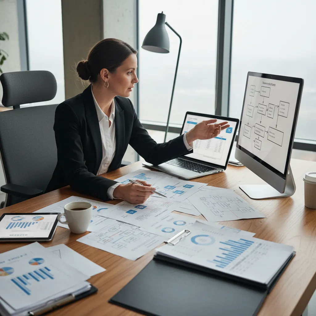 Profesional analizando un diagrama de procesos organizacionales