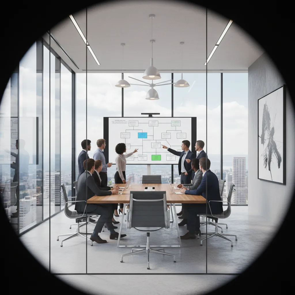 Coohom professionals in suits discussing digital flowchart on screen in a modern glass walled room