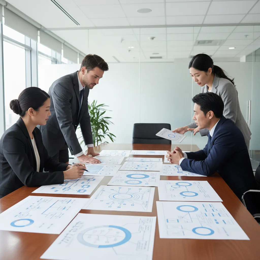 Team in suits reviewing blue charts and diagrams on large wooden office room meeting table