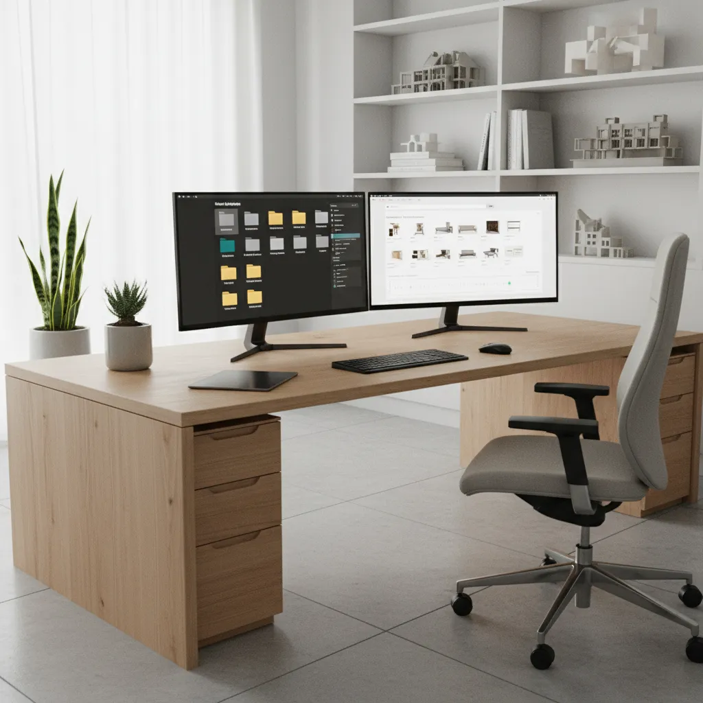 Professional designer managing an organized library of licensed 3D assets on a workstation