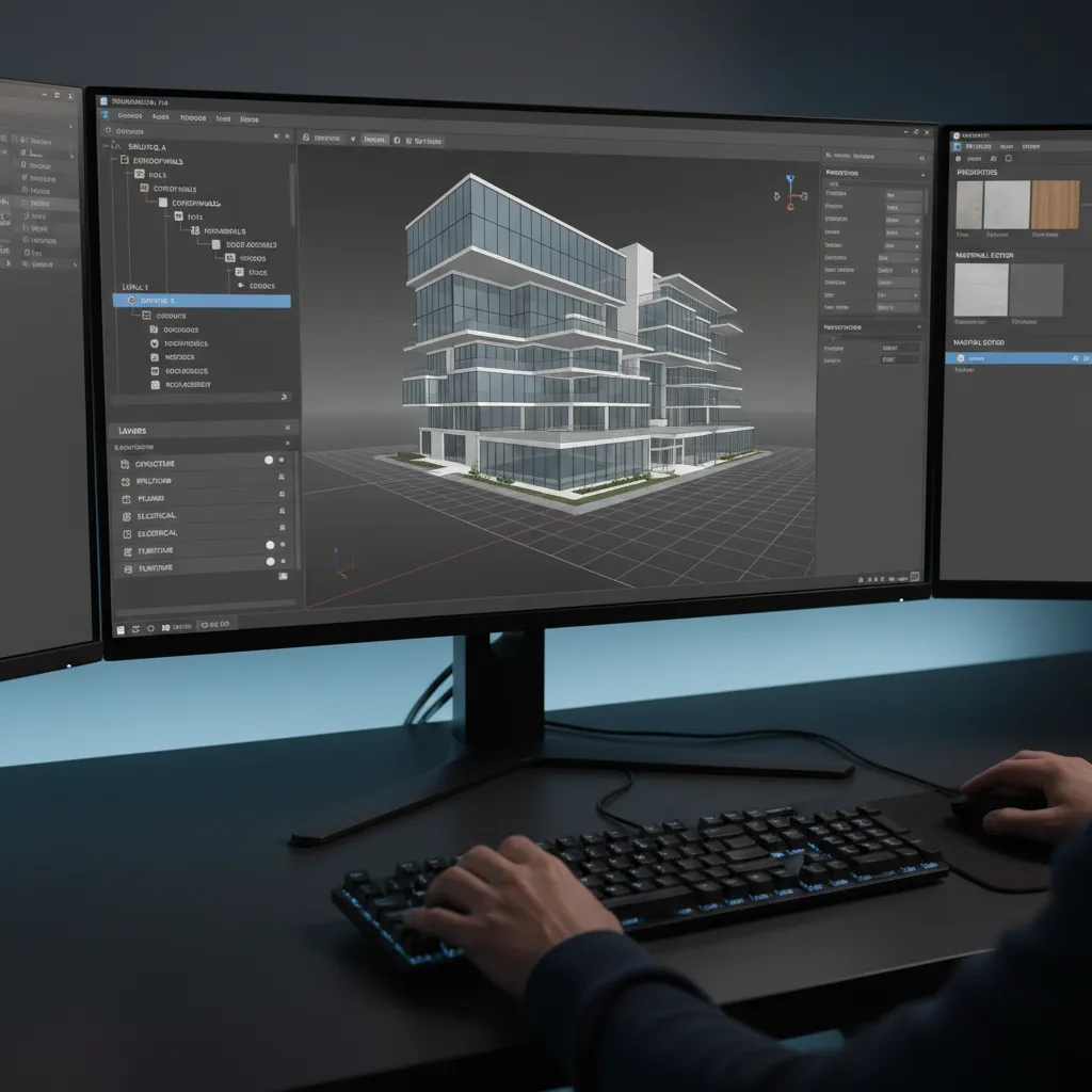 3D modeling software interface showing organized layers and object hierarchy