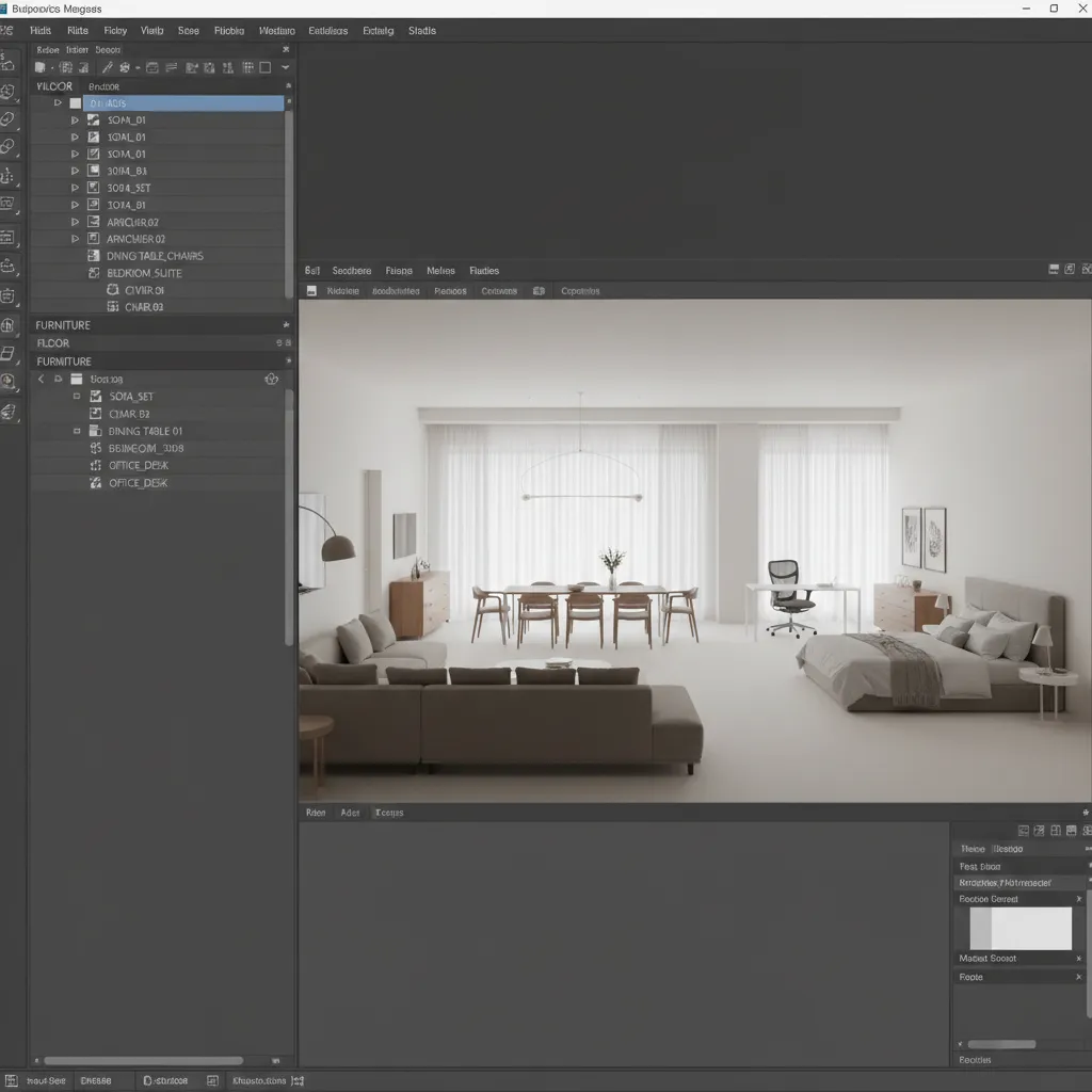 organized 3D modeling scene hierarchy with grouped assets and labeled objects