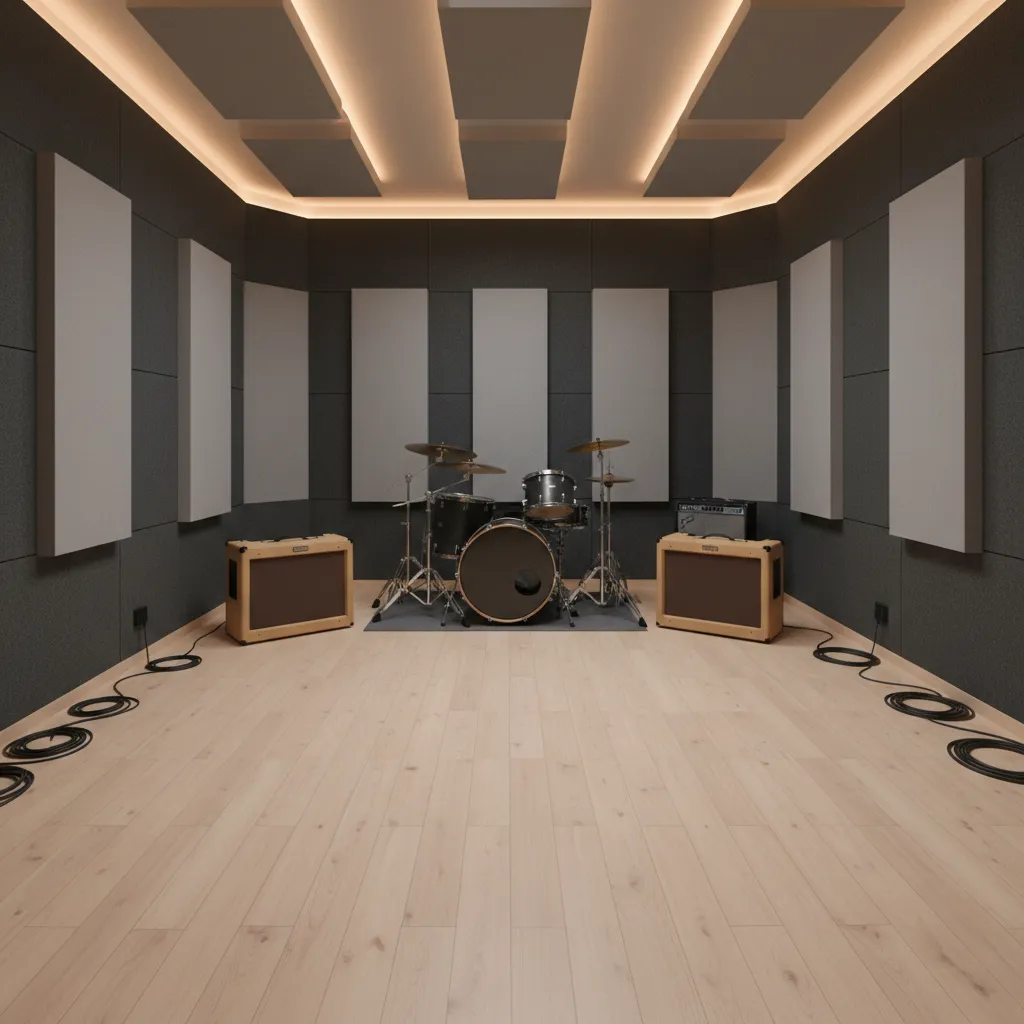 organized band rehearsal room with drum kit against wall and amps positioned around