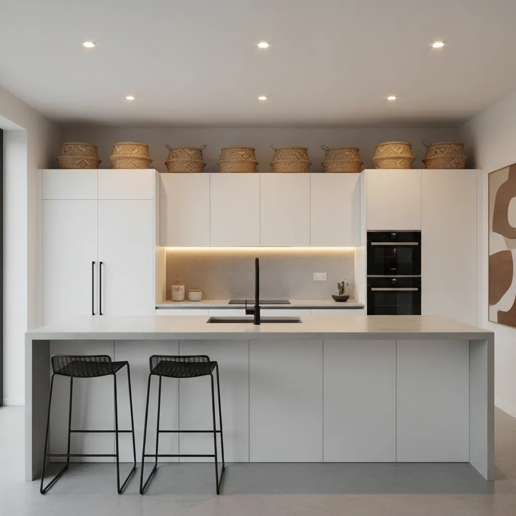 Well organized matching baskets above kitchen cabinets