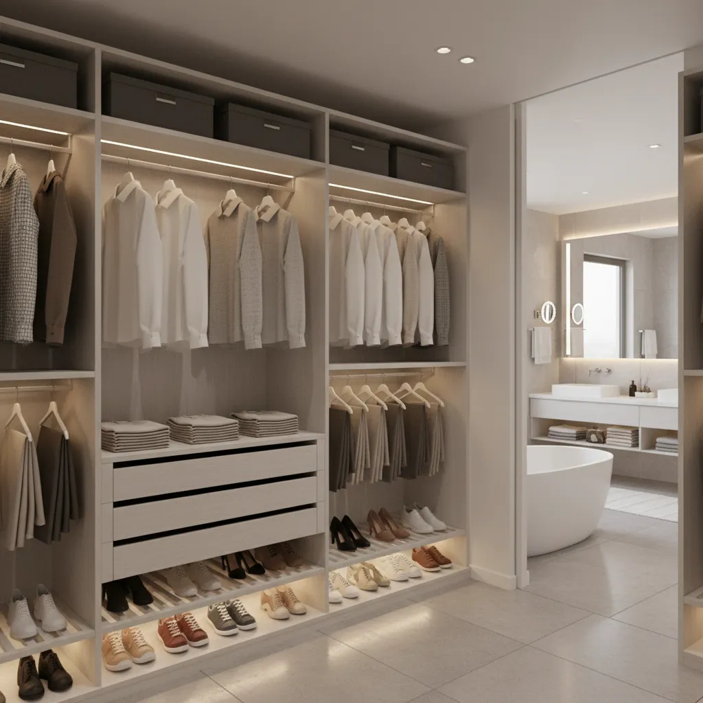 well organized bathroom closet with shelves drawers and hanging clothes