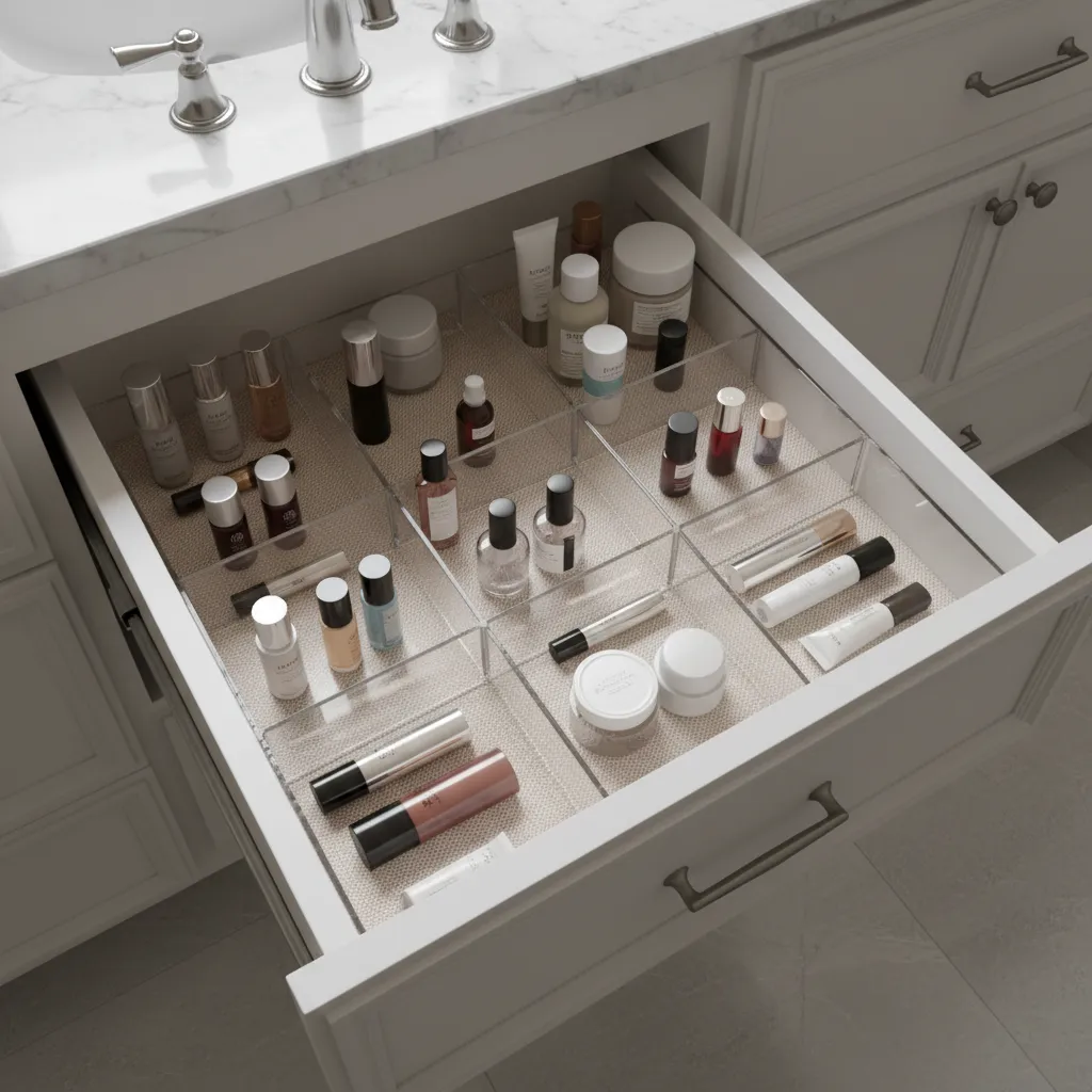 Bathroom vanity drawer organized with non slip liner and cosmetic storage