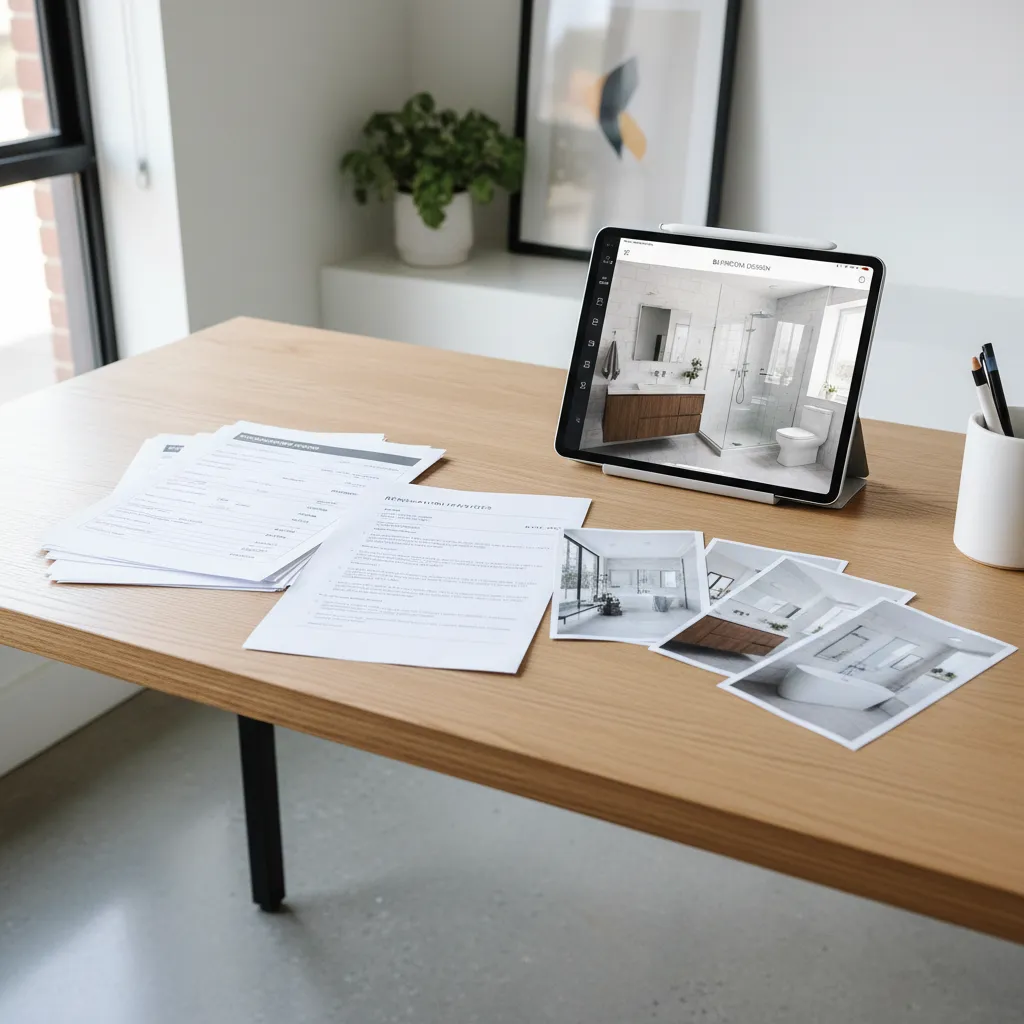 organized renovation documents photos and invoices on desk for remodel application