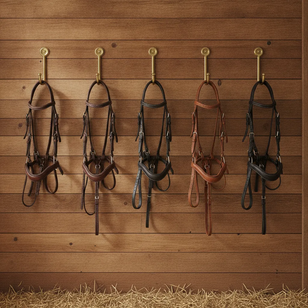 bridles neatly arranged on individual hooks in a tack room wall