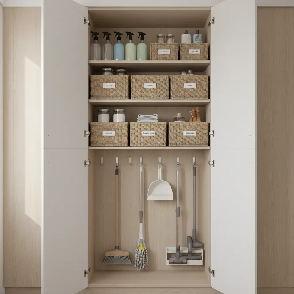 tall kitchen broom cabinet with organized cleaning supplies and tools