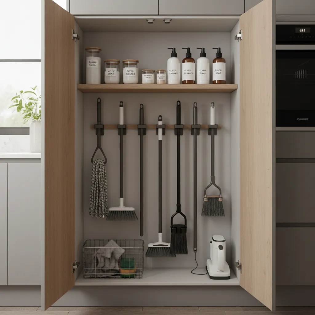 Interior of a broom cabinet with cleaning tools arranged vertically