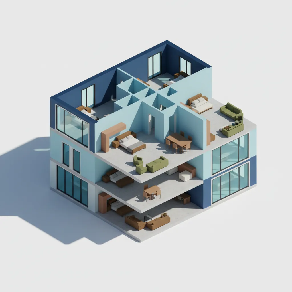 Architectural CAD model with organized layers and color coded components