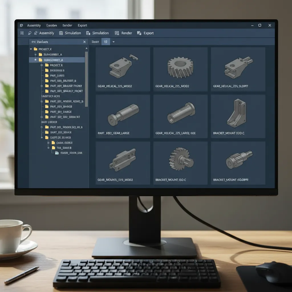 Structured digital folders organizing reusable CAD components for efficient design workflow