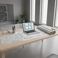Laptop showing room layout on wooden desk with paper interior design drawings and rolled plans