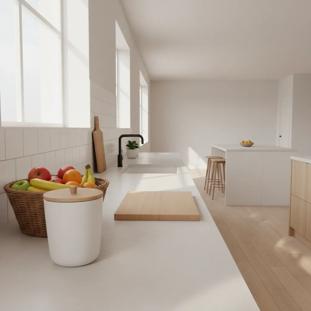 organized kitchen counter with fruit storage and clean preparation zones