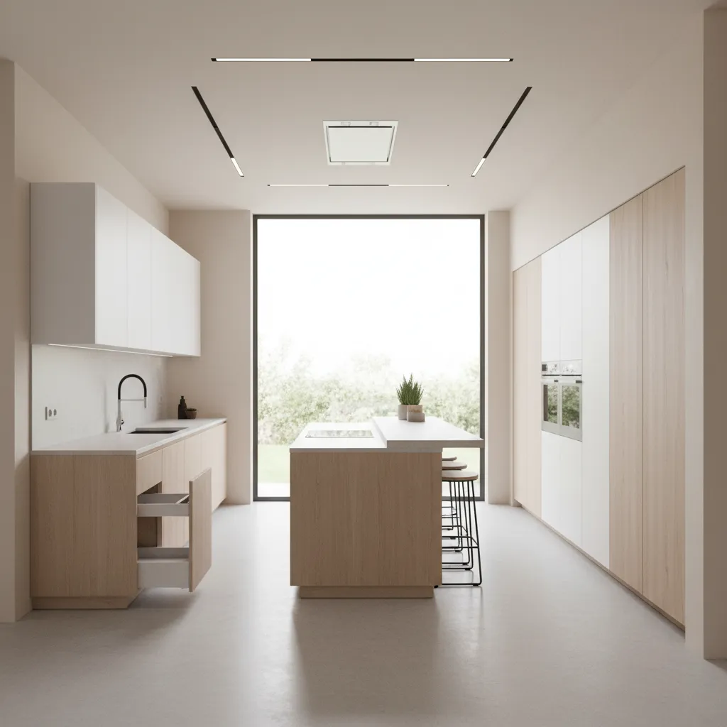 Well organized modern kitchen layout with clean counters and proper waste placement