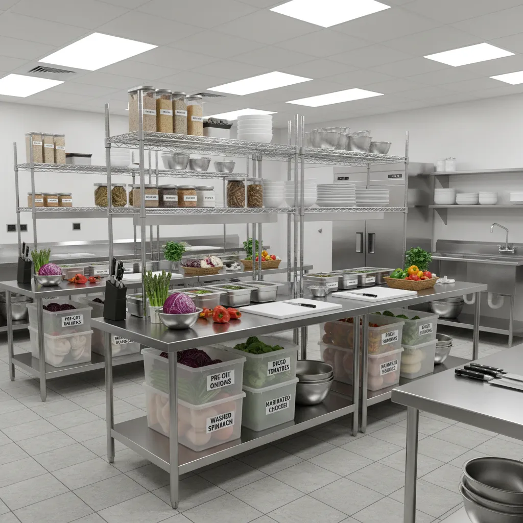 organized restaurant kitchen storage and prep area reducing food waste
