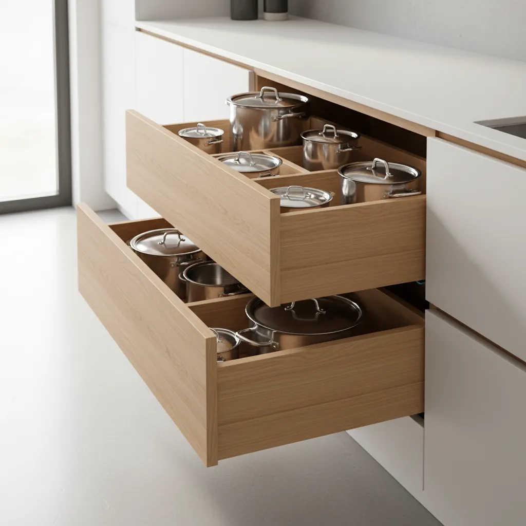 Two open wooden kitchen drawers providing organized storage for several stainless steel pots and metal lids