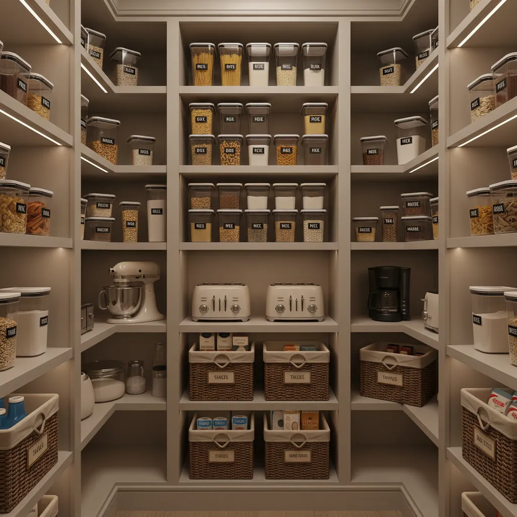 organized corner pantry shelves with kitchen storage zones