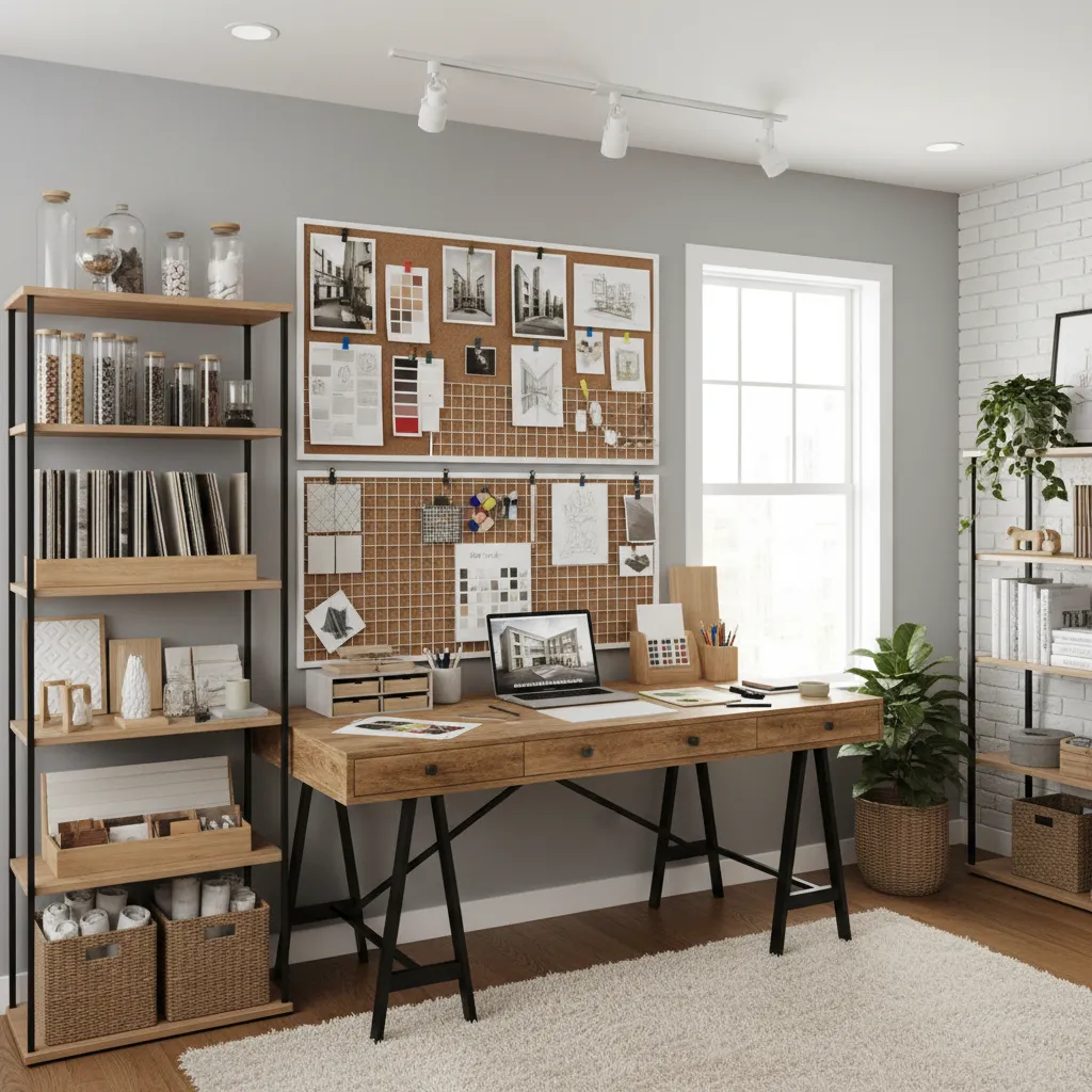 Bright home studio featuring wooden desk, laptop, corkboards, open shelves, and white brick wall decor