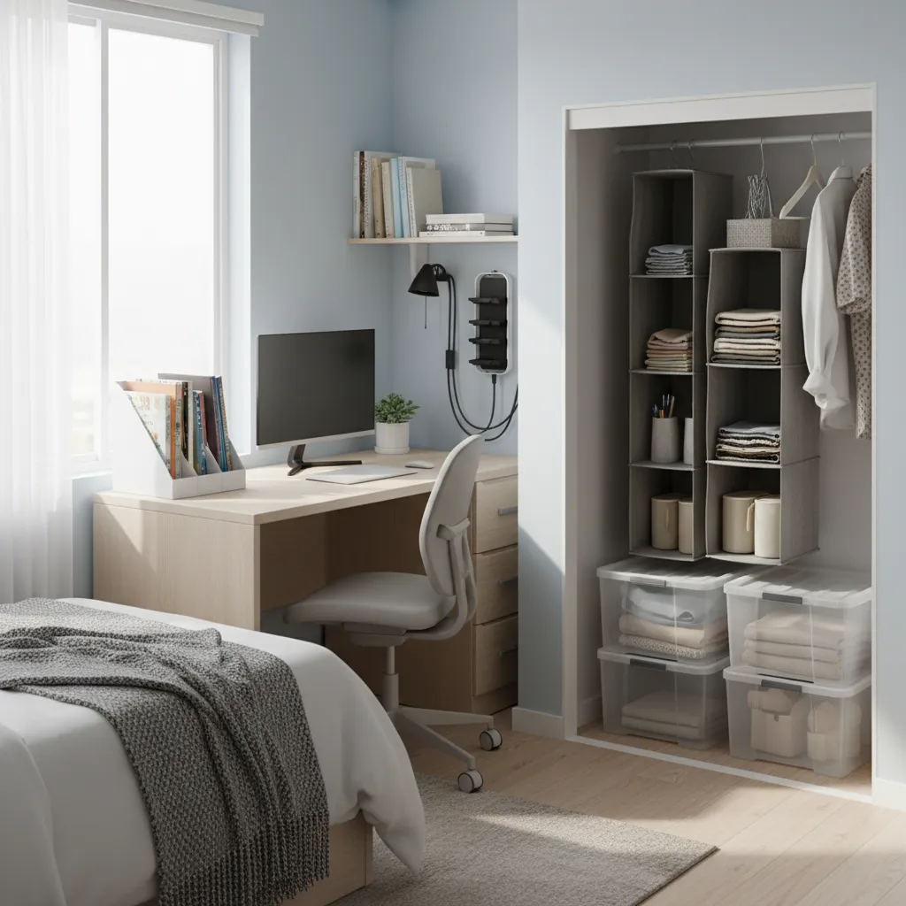 Organized dorm desk with vertical organizers and neatly arranged closet