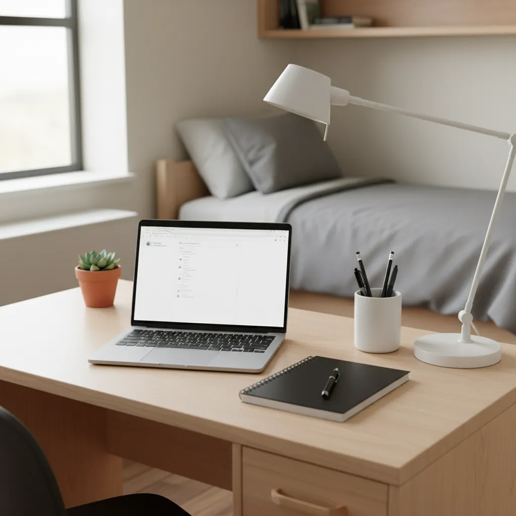 minimal organized dorm desk setup for studying