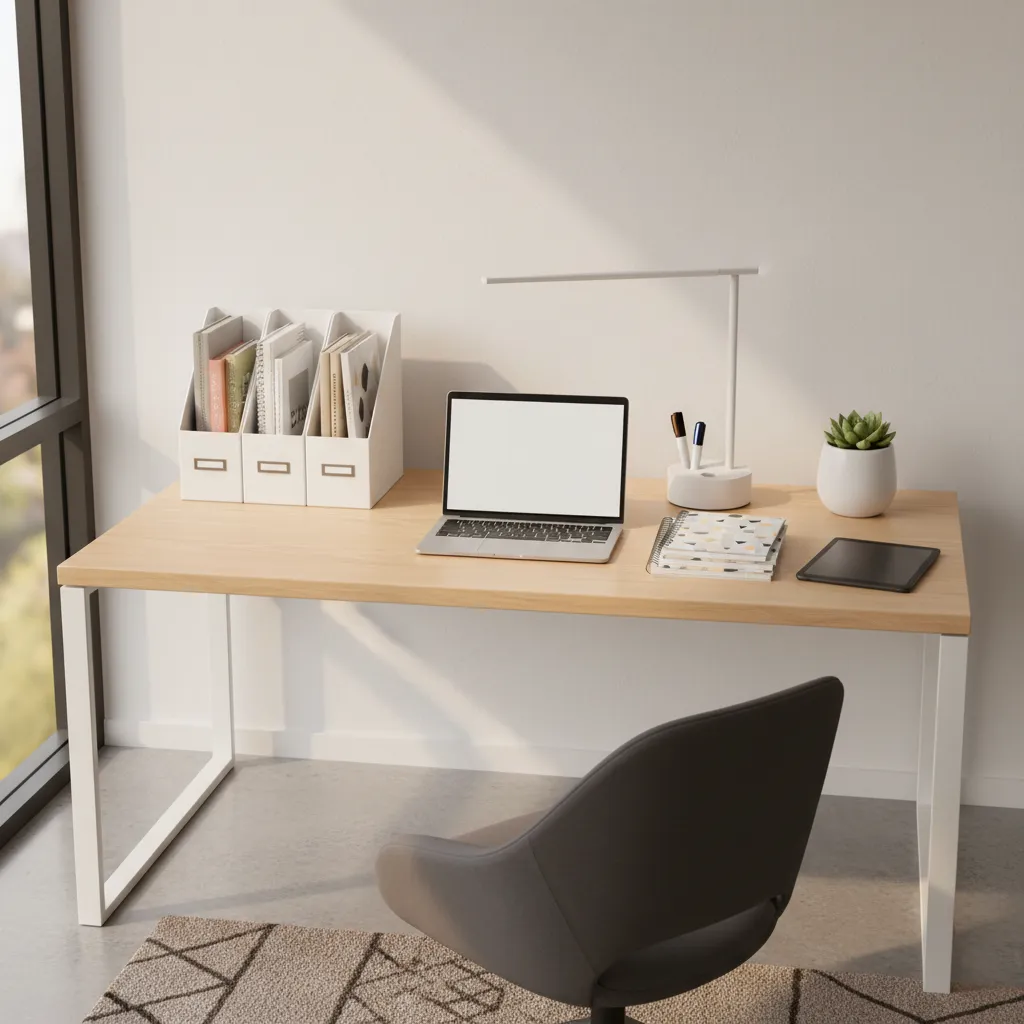 organized dorm study desk with vertical organizers and lamp