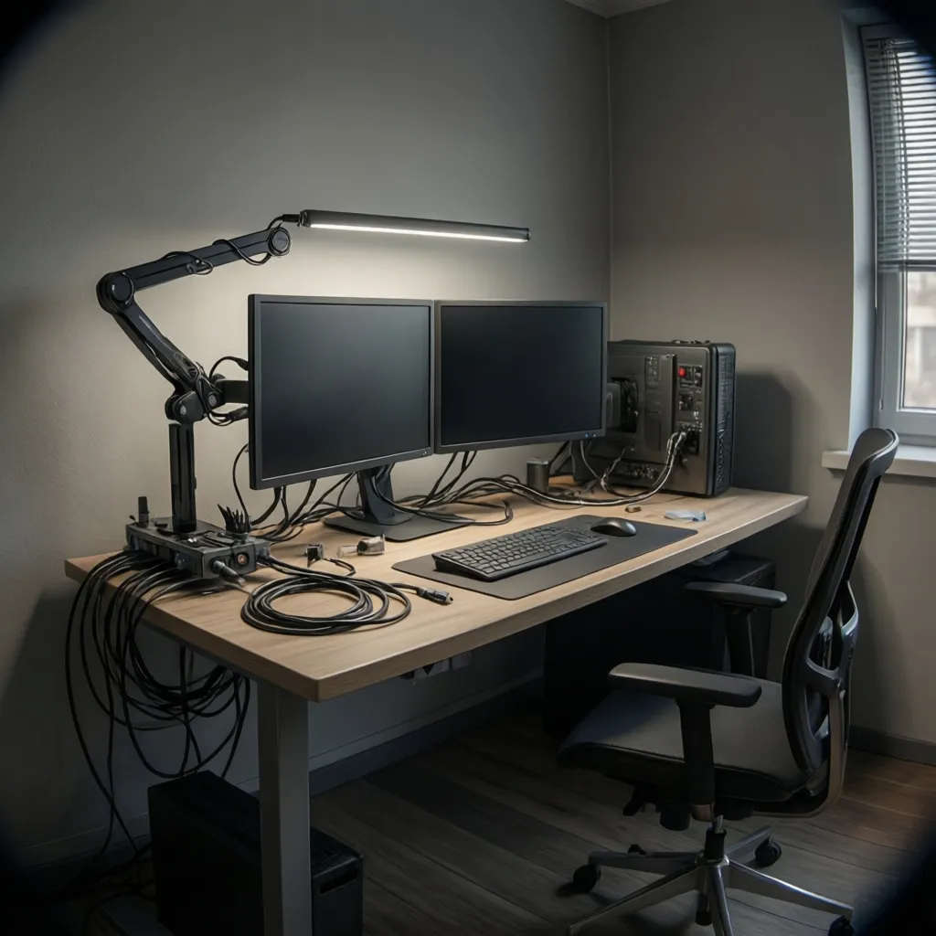 organized engineer desk with minimal gadgets and clean layout