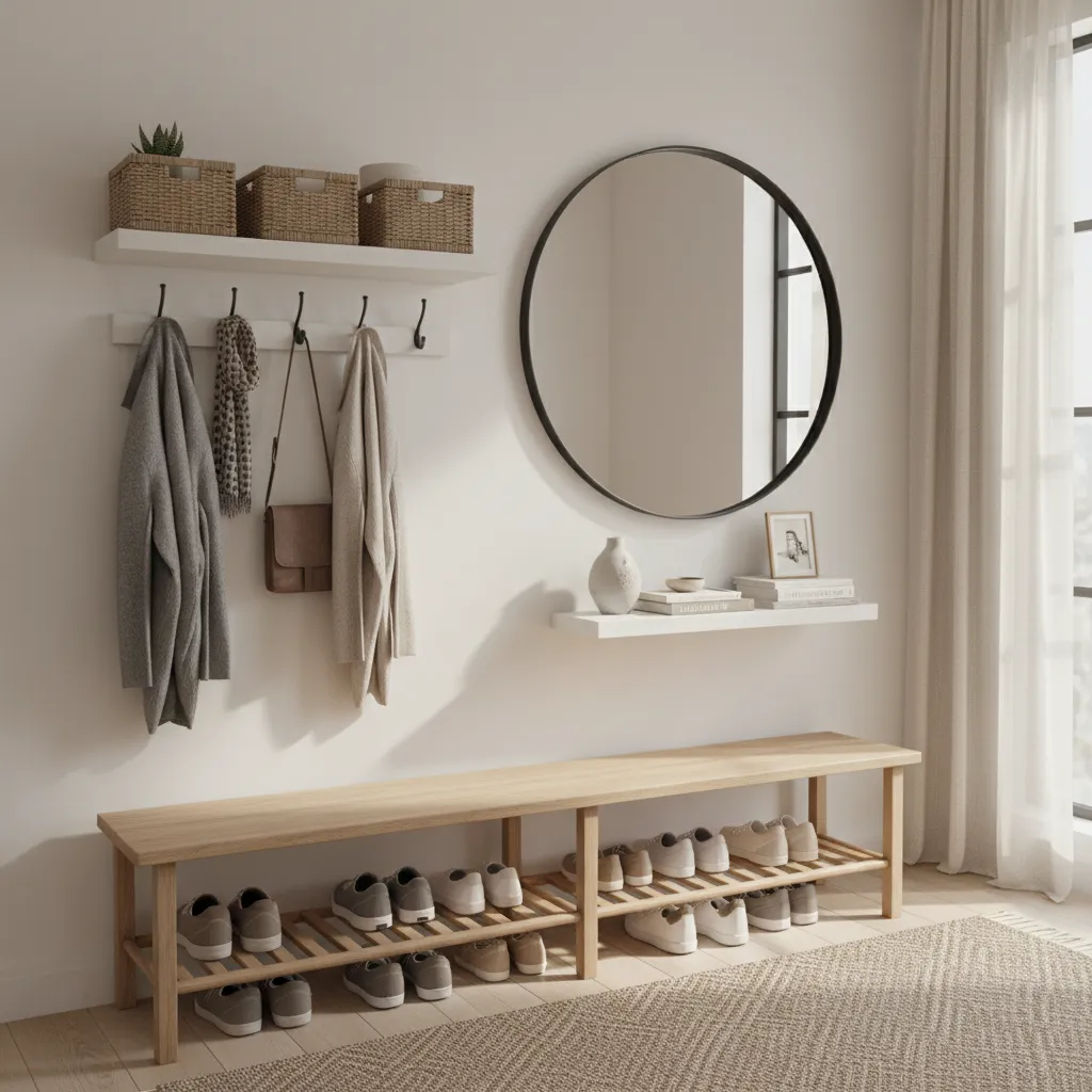 Fully organized entryway nook with bench hooks shelves and shoe storage