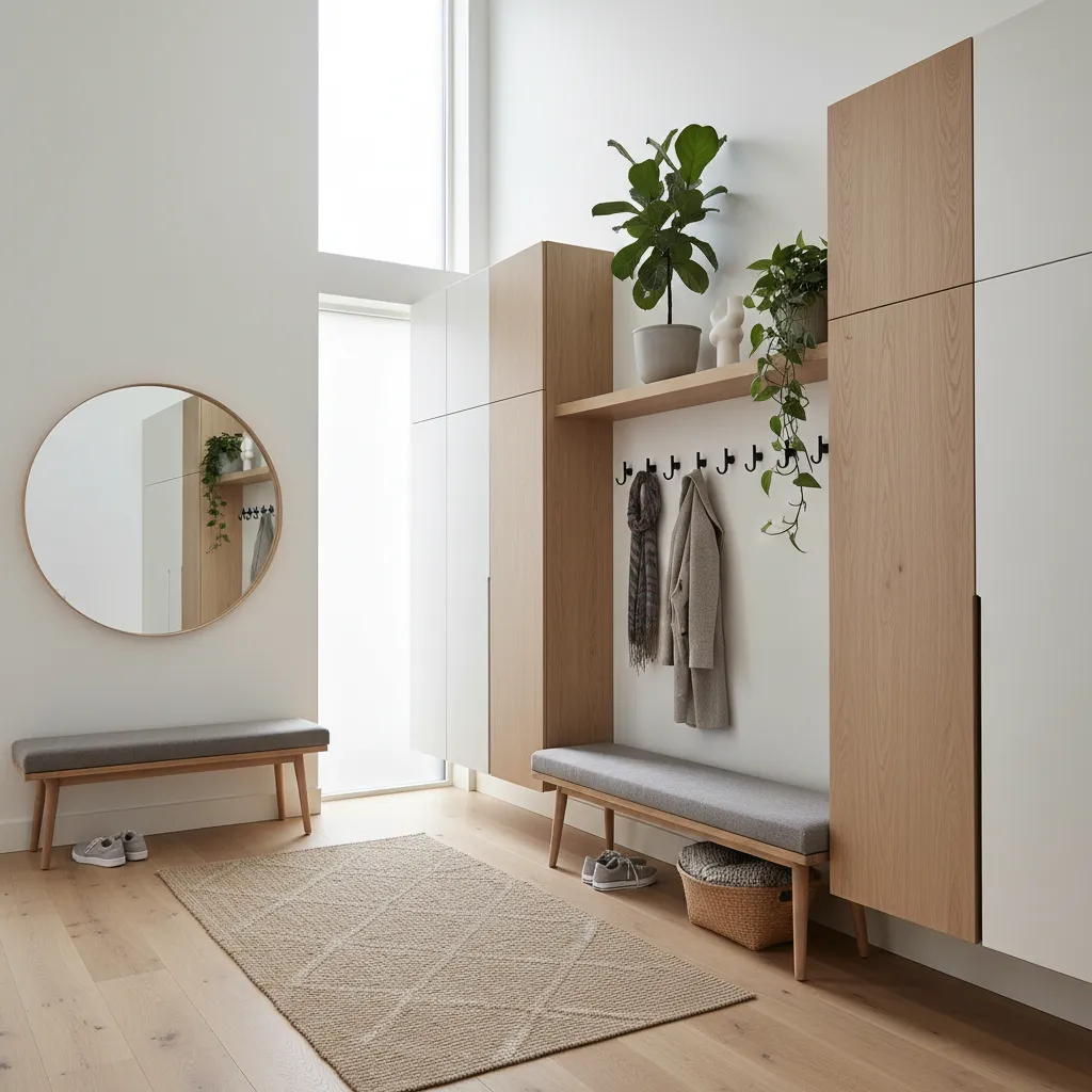 Entrada de vivienda con banco, almacenamiento y espacio para mochilas y abrigos