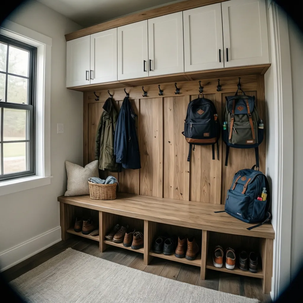 Organized mudroom with built-in lockers and bench seating