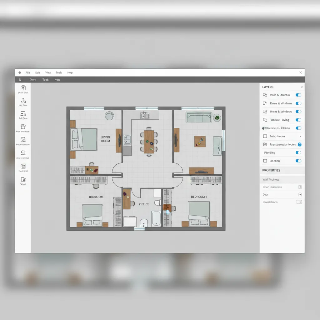 floor plan design interface showing organized layers and furniture placement