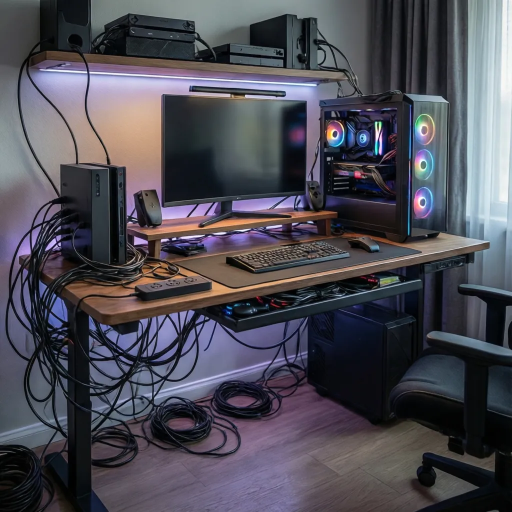 Organized cable management behind gaming desk with consoles and power strips
