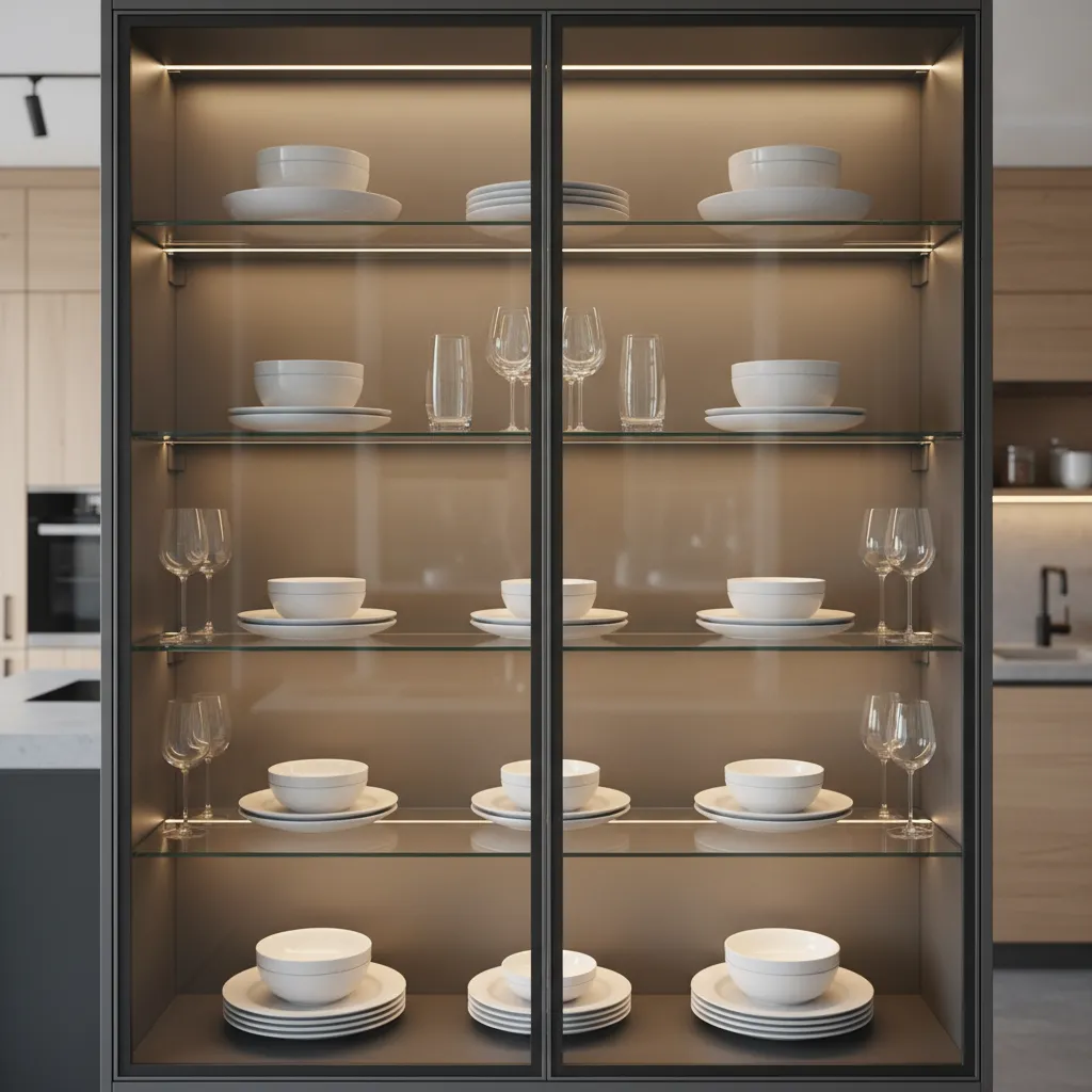 Organized plates and bowls inside glass kitchen cabinet