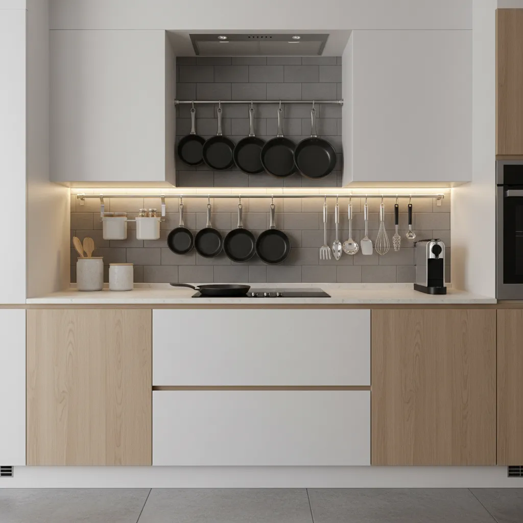 Neatly organized hanging pans beside stove in compact kitchen