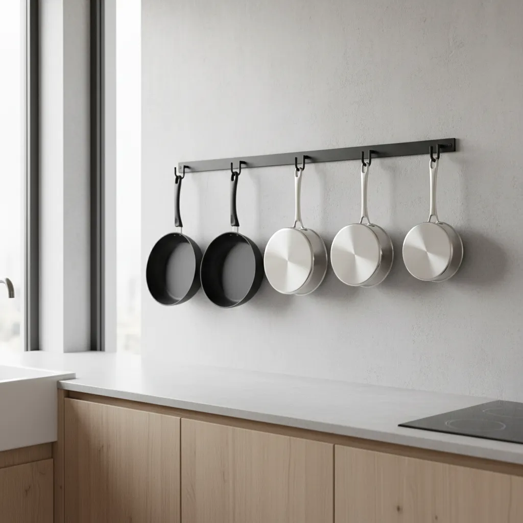Organized hanging pots and pans on black wall hooks in modern kitchen