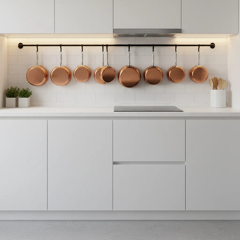 Neatly organized hanging pots and pans beside stove in small kitchen
