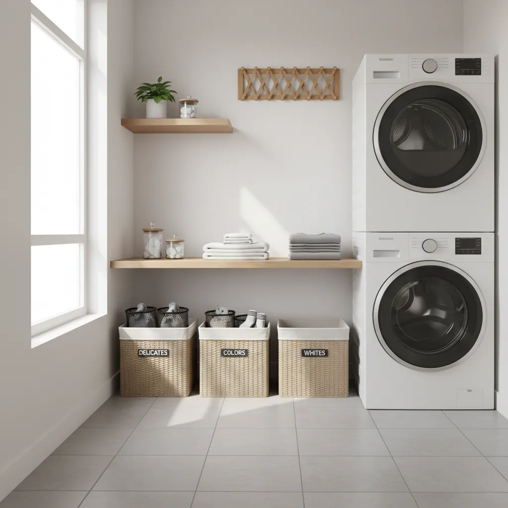organized home laundry room using baskets and mesh bags for batch washing