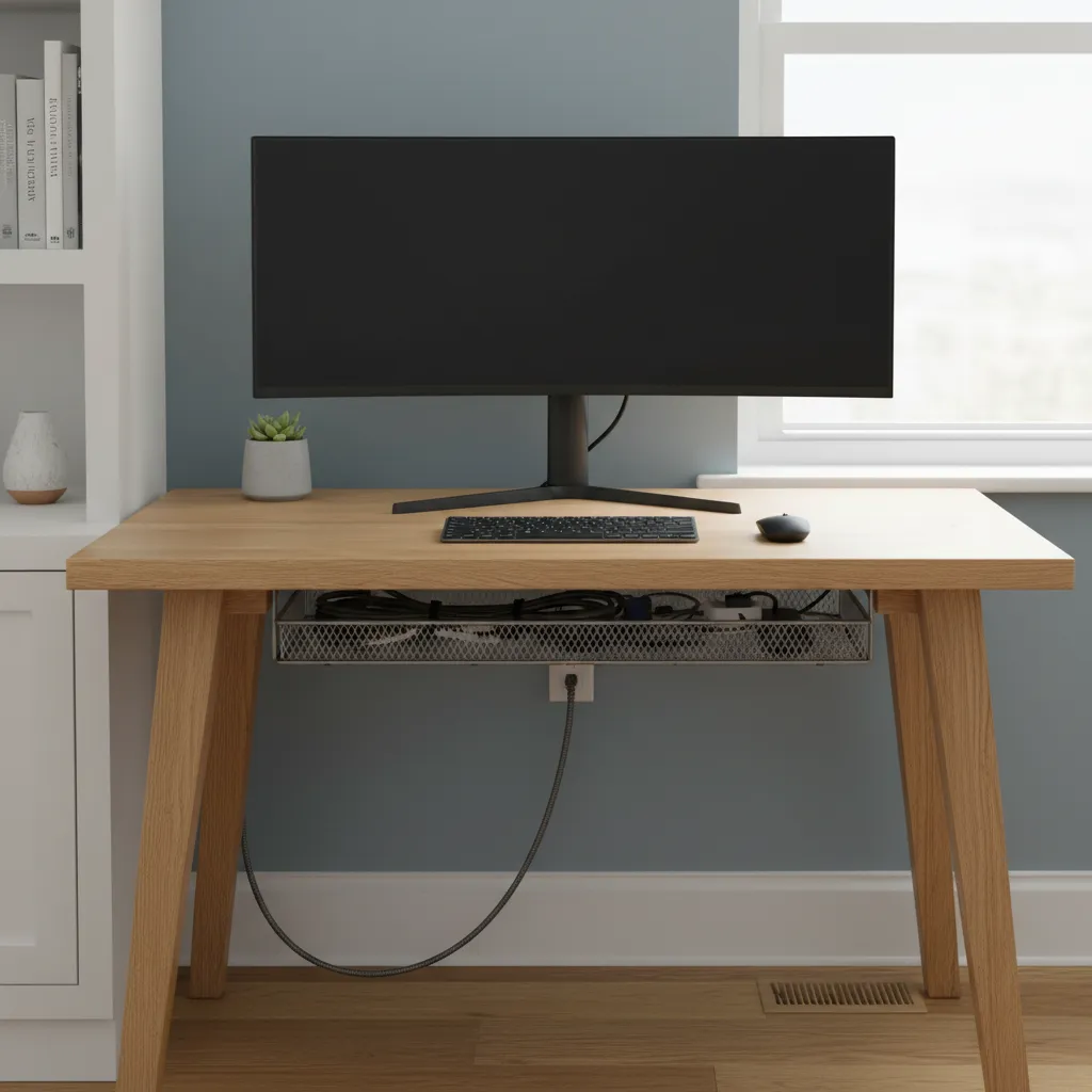 Escritorio organizado con gestión de cables oculta