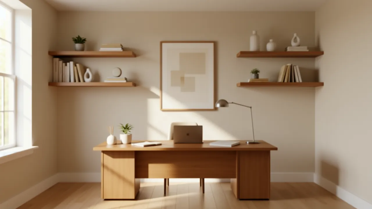 organized home office layout with clean shelves and desk area