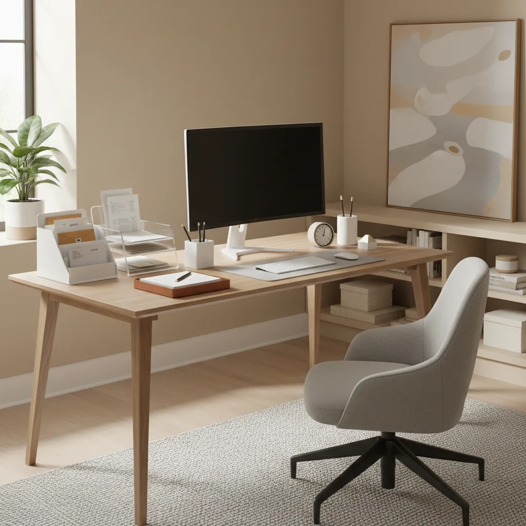home office desk with organized mail trays and letter sorter
