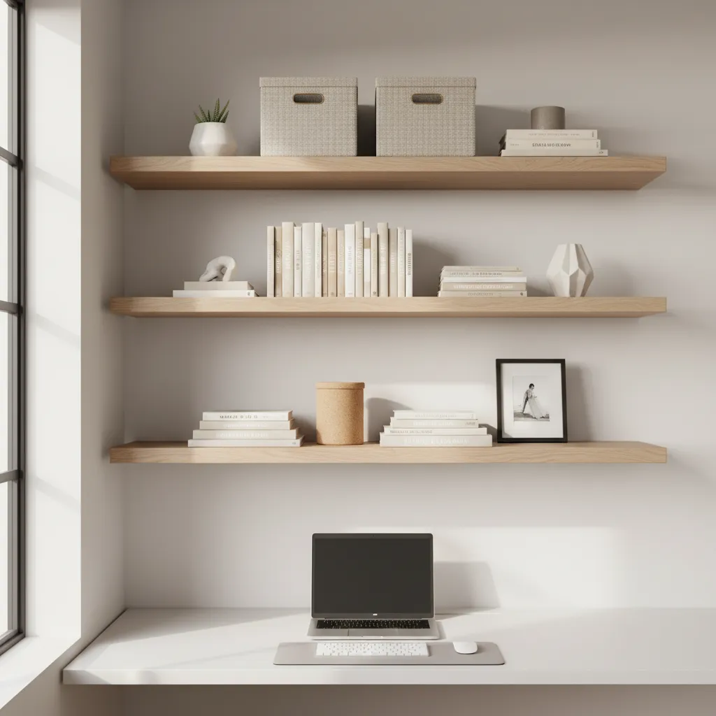 Organized home office with wooden wall shelves holding books storage boxes and a laptop desk