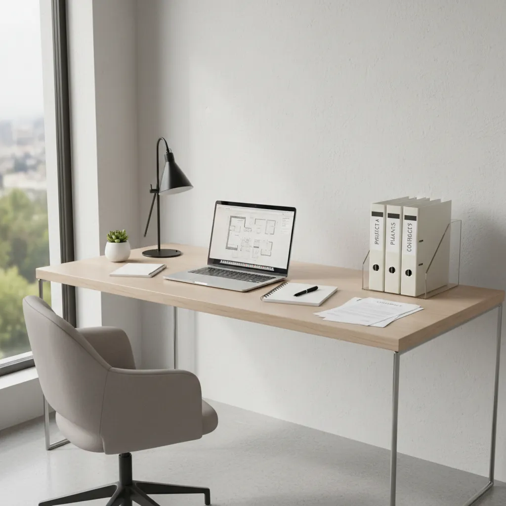 organized renovation paperwork and contractor documents on desk