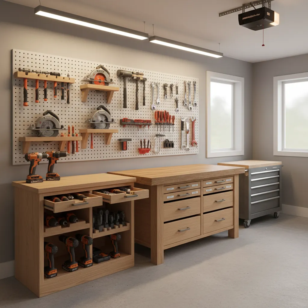 Compact home workshop power tool cabinet with drills saws and organized drawers