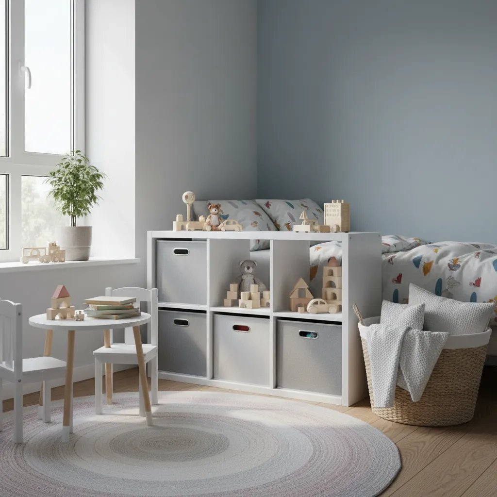 organized kids bedroom with toy bins and soft laundry basket