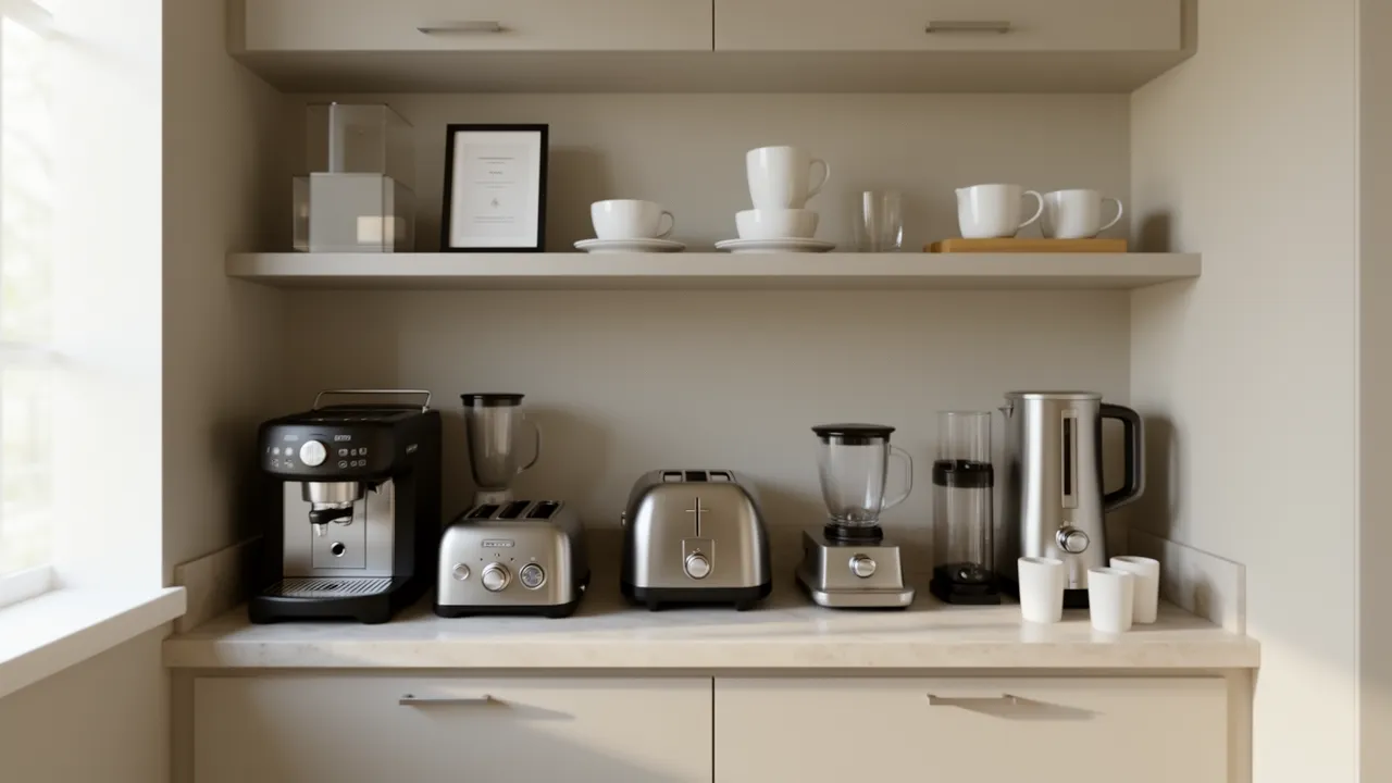 Neatly organized kitchen appliance display zone with coffee maker toaster and blender