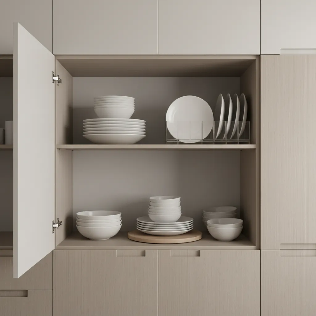 well organized kitchen cabinet interior with plates bowls and stackable storage