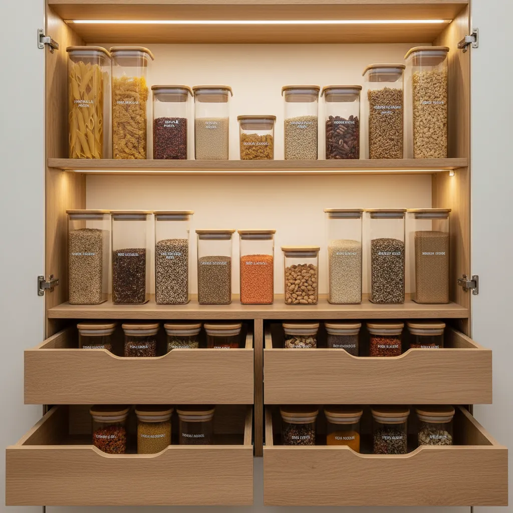 Kitchen cabinet with sealed food containers organized neatly