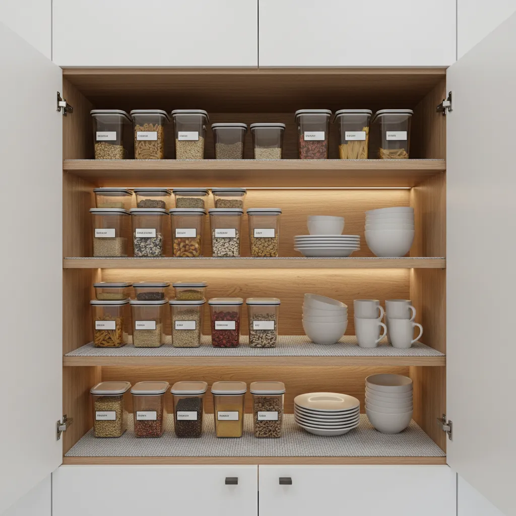 Organized kitchen cabinets with containers placed on protective liners