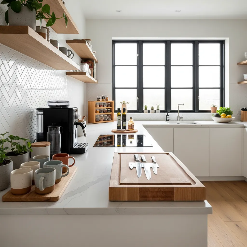 kitchen countertop divided into coffee station cooking zone and prep area